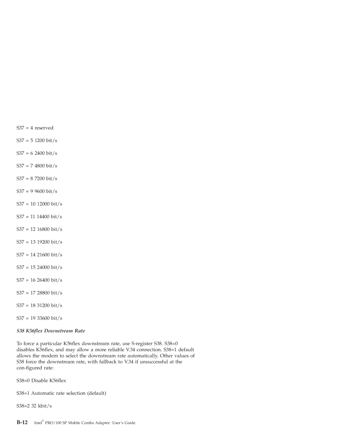 IBM PRO/100 SP manual S38 K56flex Downstream Rate 