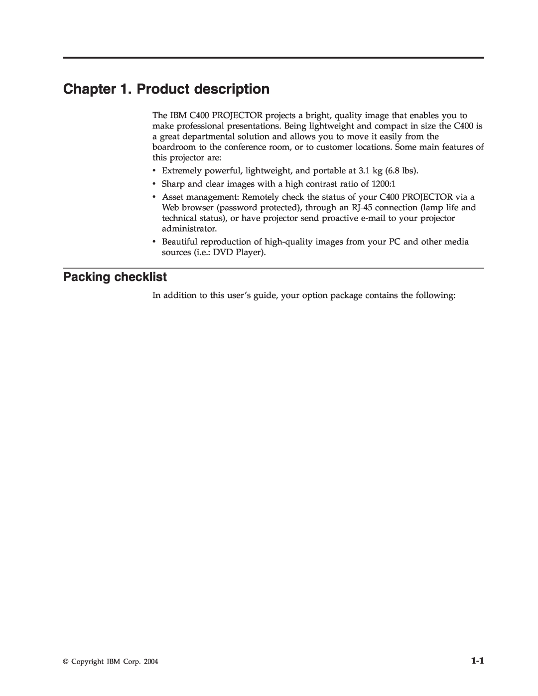 IBM PROJECTOR C400 manual Product description, Packing checklist 
