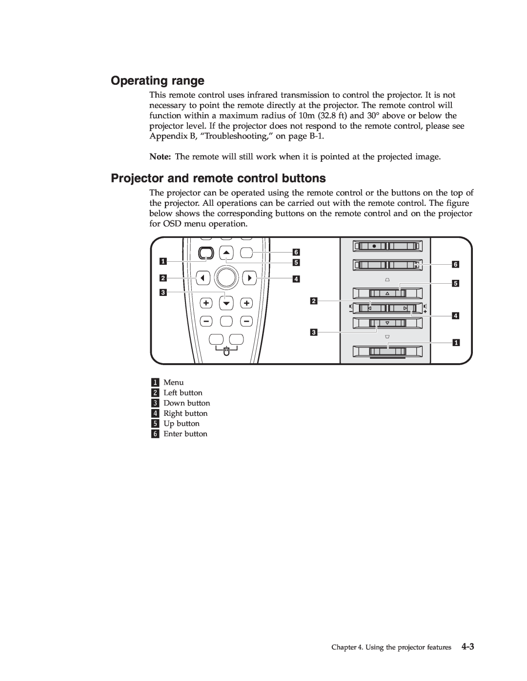 IBM PROJECTOR C400 manual Operating range, Projector and remote control buttons, 1 Menu 