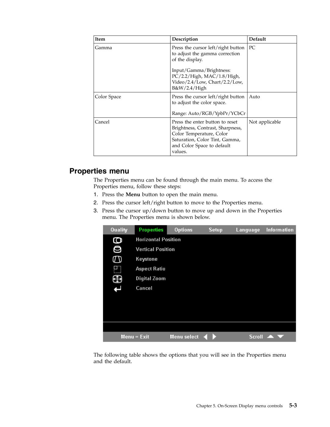 IBM PROJECTOR C400 manual Properties menu, On-Screen Display menu controls 