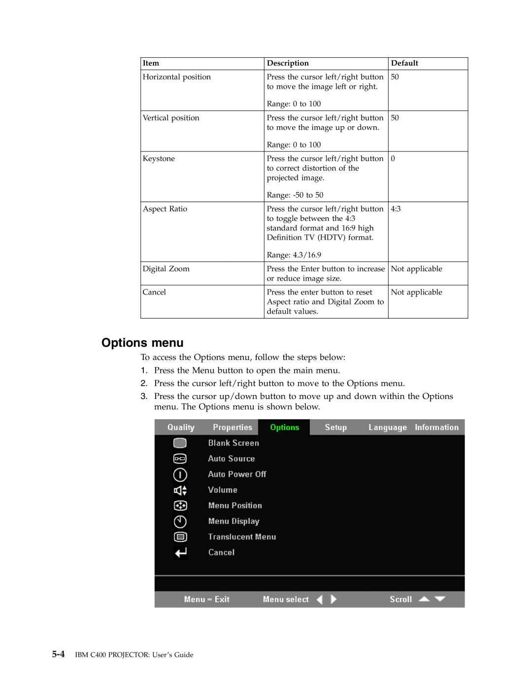 IBM PROJECTOR C400 manual Options menu, IBM C400 PROJECTOR User’s Guide 