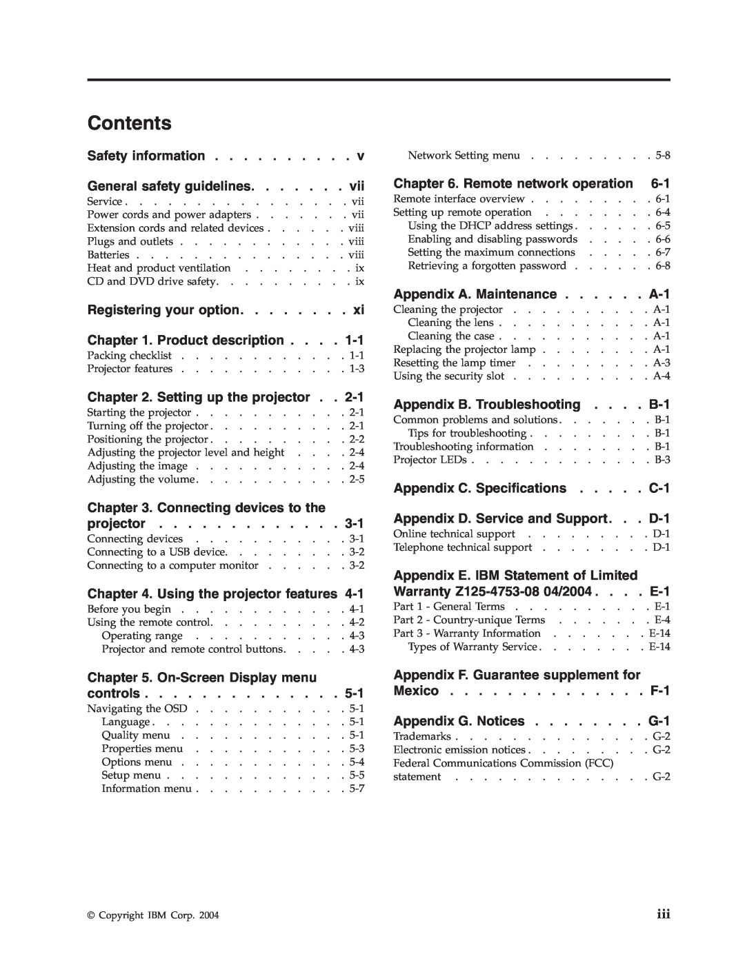 IBM PROJECTOR C400 manual Contents 