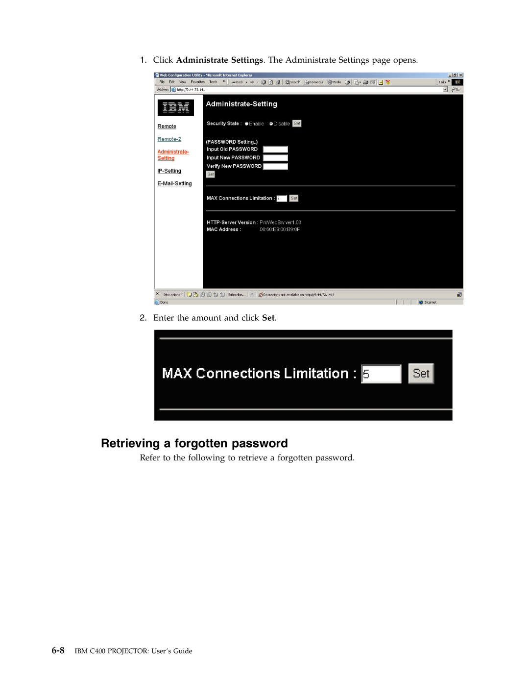 IBM PROJECTOR C400 manual Retrieving a forgotten password, IBM C400 PROJECTOR User’s Guide 