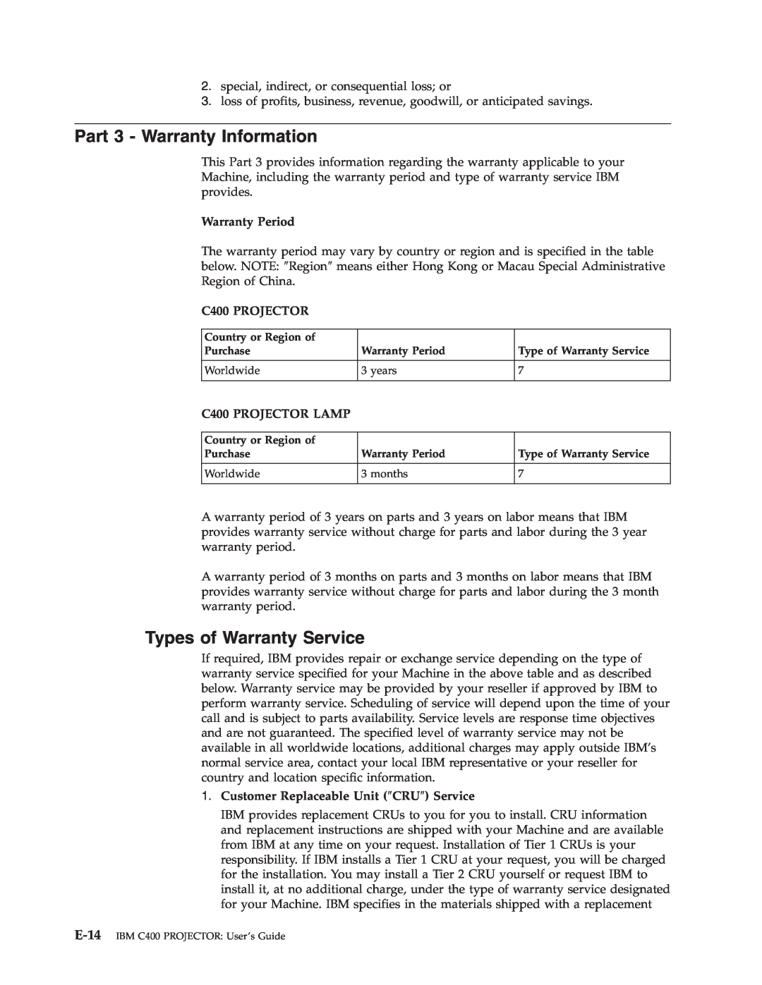 IBM PROJECTOR C400 manual Part 3 - Warranty Information, Types of Warranty Service, Warranty Period, C400 PROJECTOR 