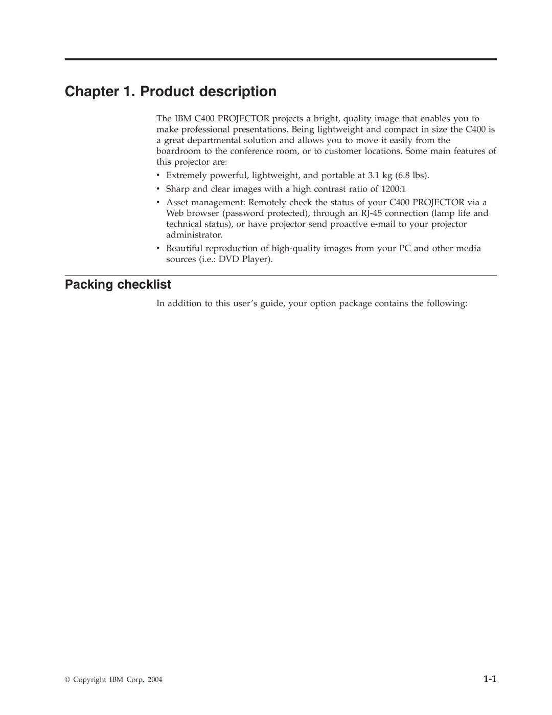 IBM PROJECTOR C400 manual Product description, Packing checklist 