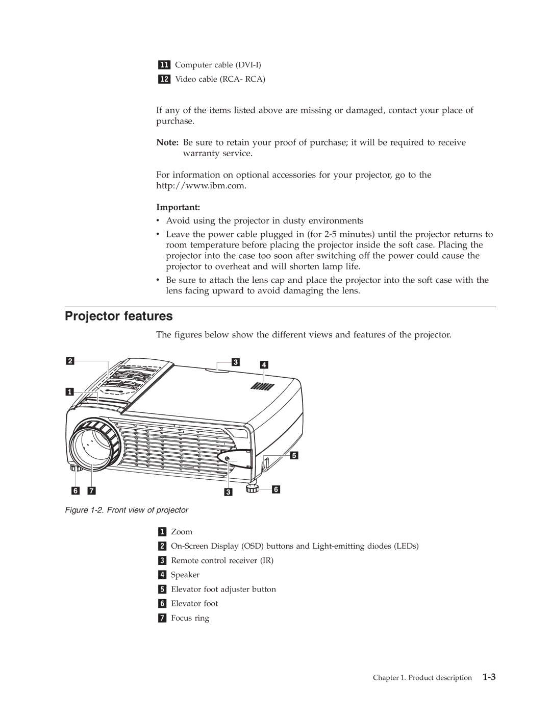 IBM PROJECTOR C400 manual Projector features, Front view of projector 