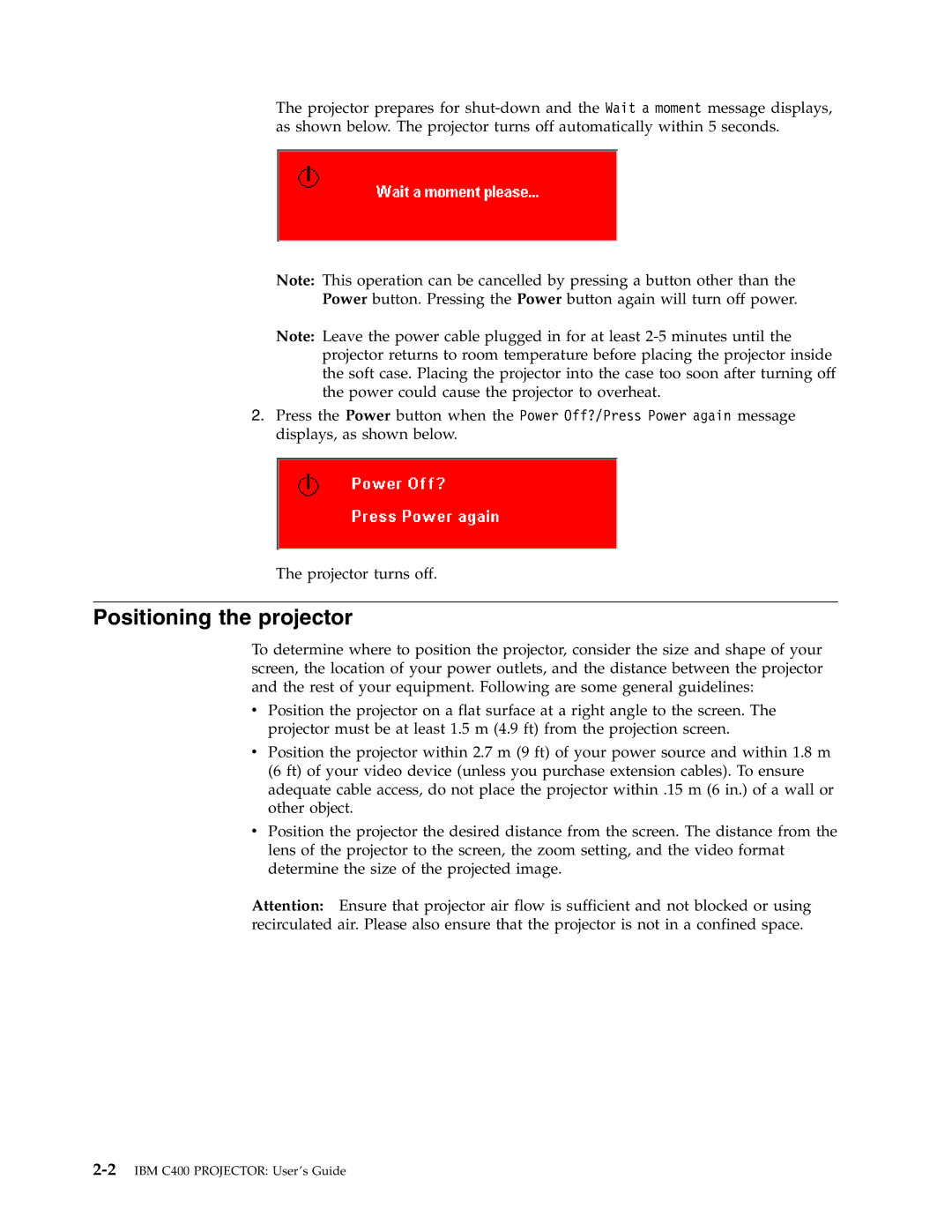 IBM PROJECTOR C400 manual Positioning the projector 