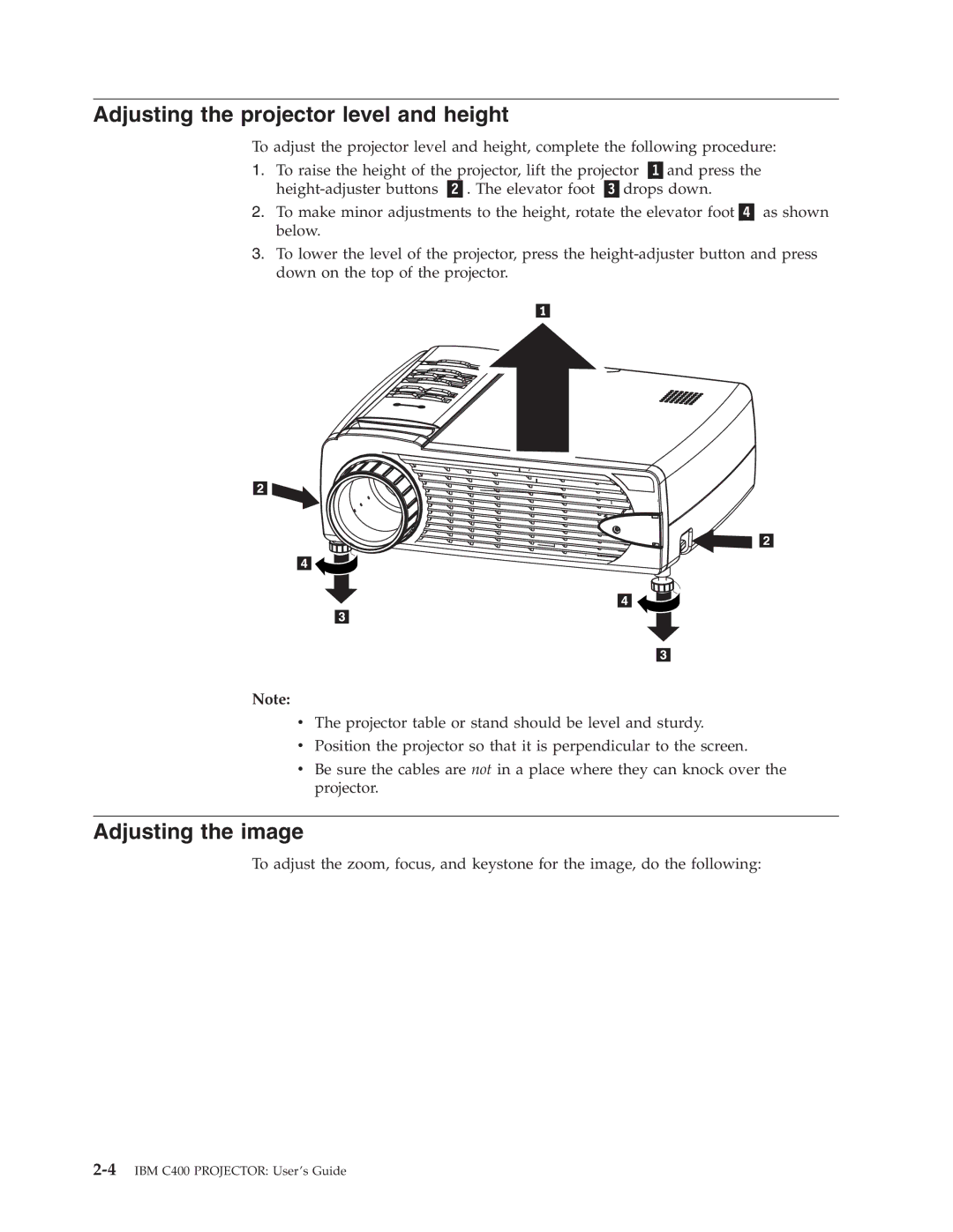 IBM PROJECTOR C400 manual Adjusting the projector level and height, Adjusting the image 