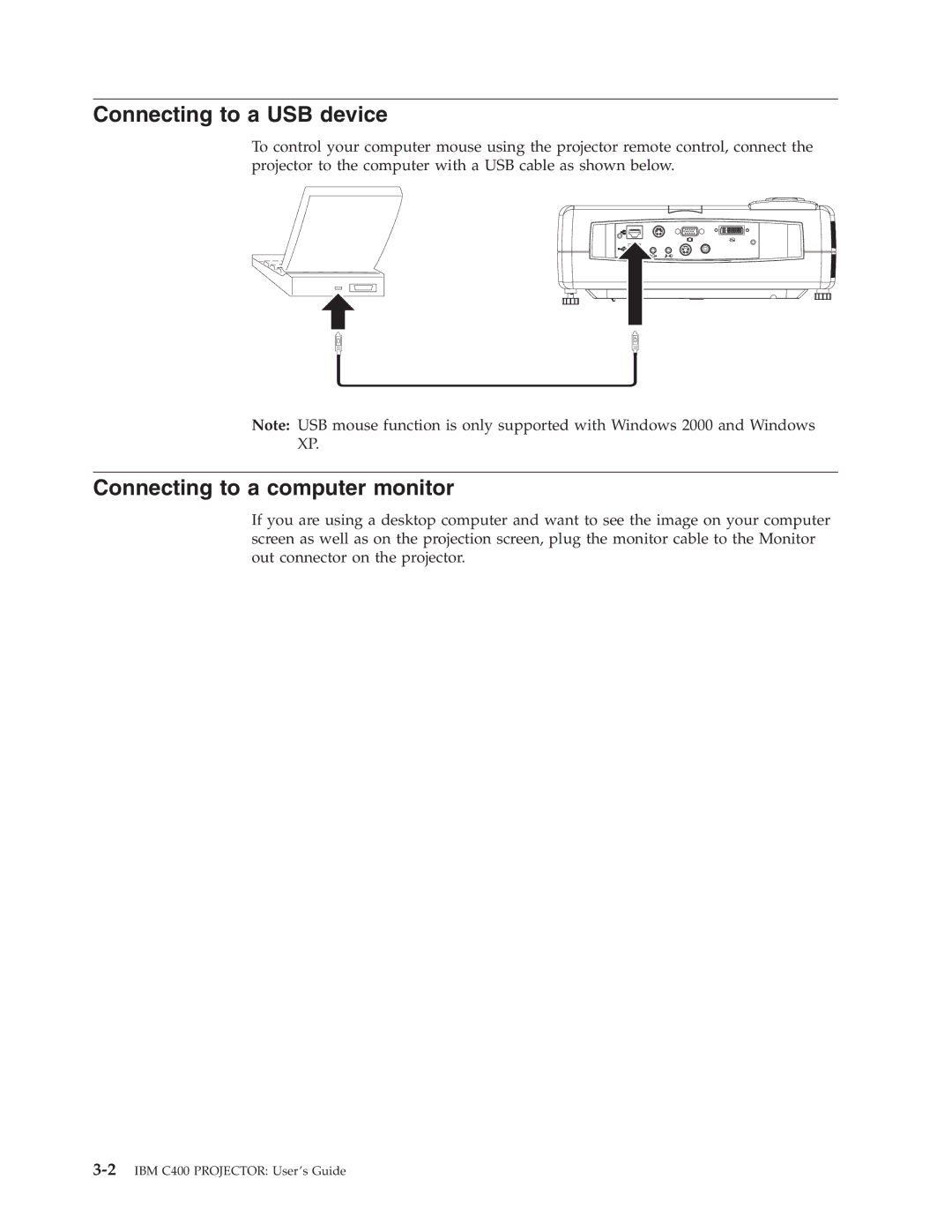 IBM PROJECTOR C400 manual Connecting to a USB device, Connecting to a computer monitor 