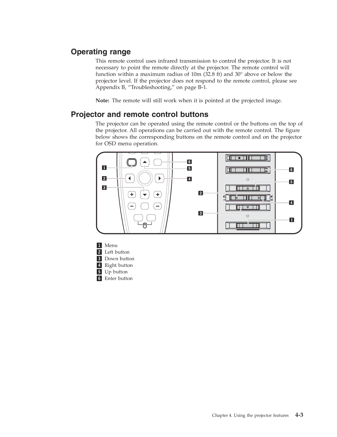 IBM PROJECTOR C400 manual Operating range, Projector and remote control buttons 