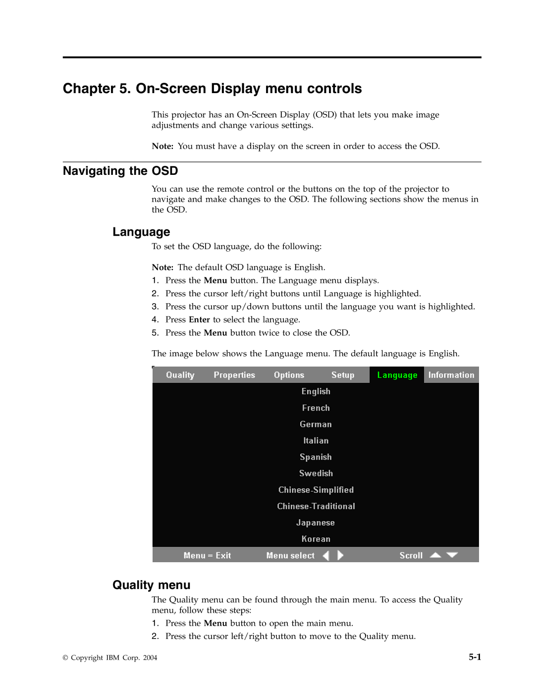 IBM PROJECTOR C400 manual On-Screen Display menu controls, Navigating the OSD, Language, Quality menu 