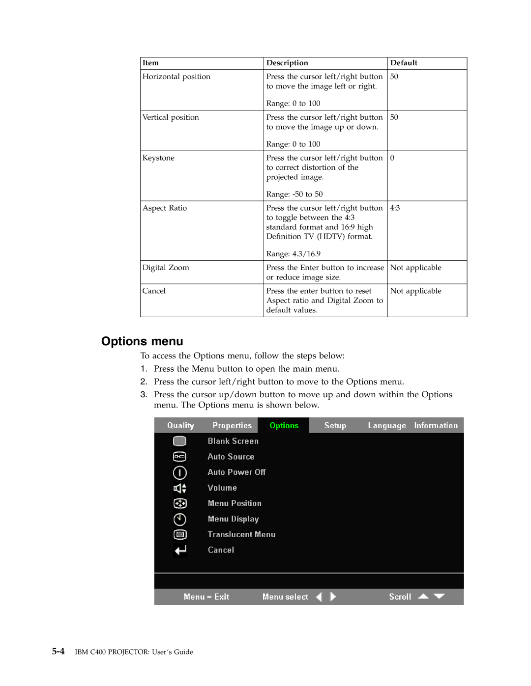 IBM PROJECTOR C400 manual Options menu 