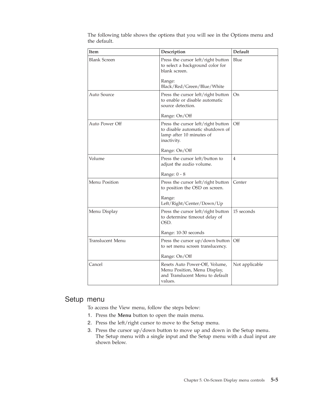 IBM PROJECTOR C400 manual Setup menu, Osd 