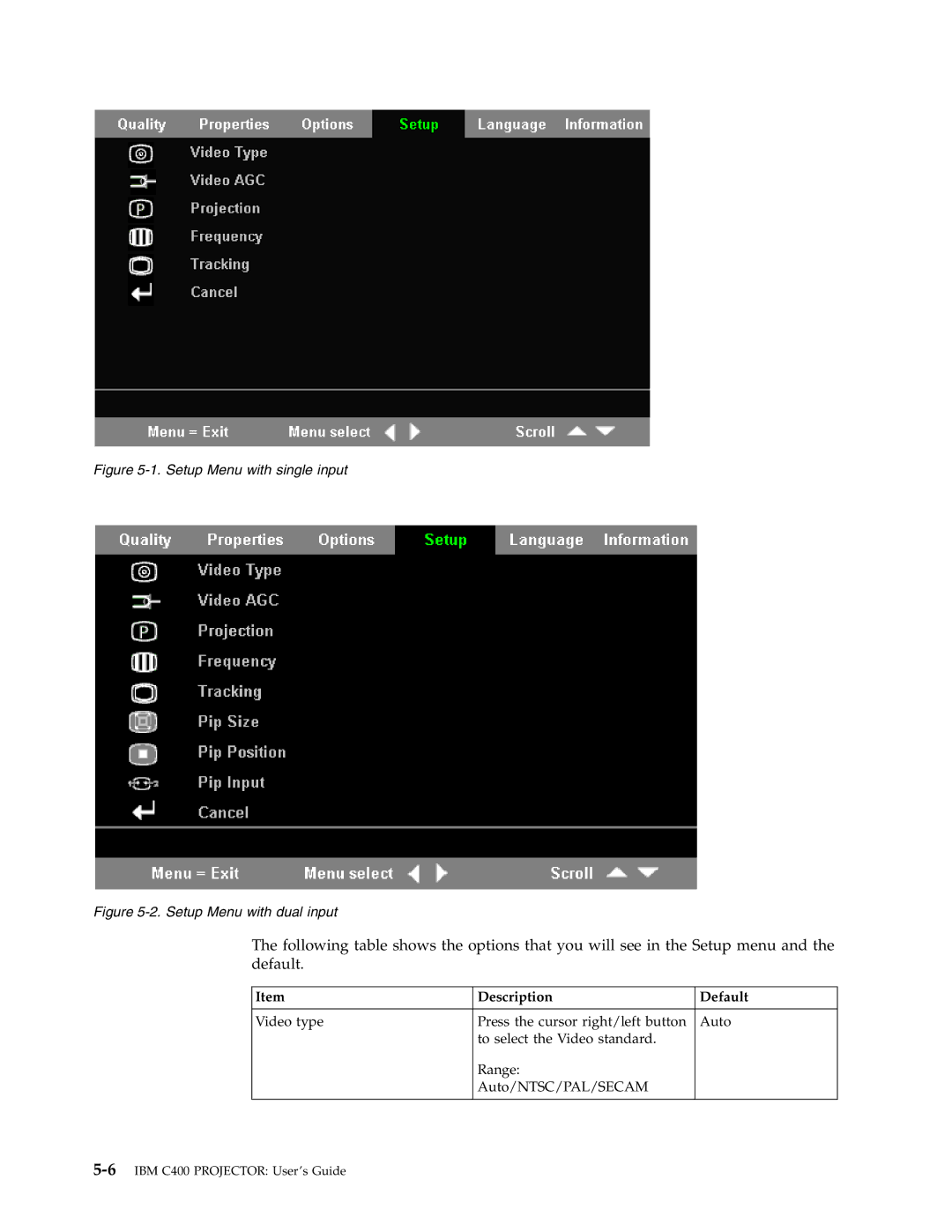 IBM PROJECTOR C400 manual Setup Menu with single input 