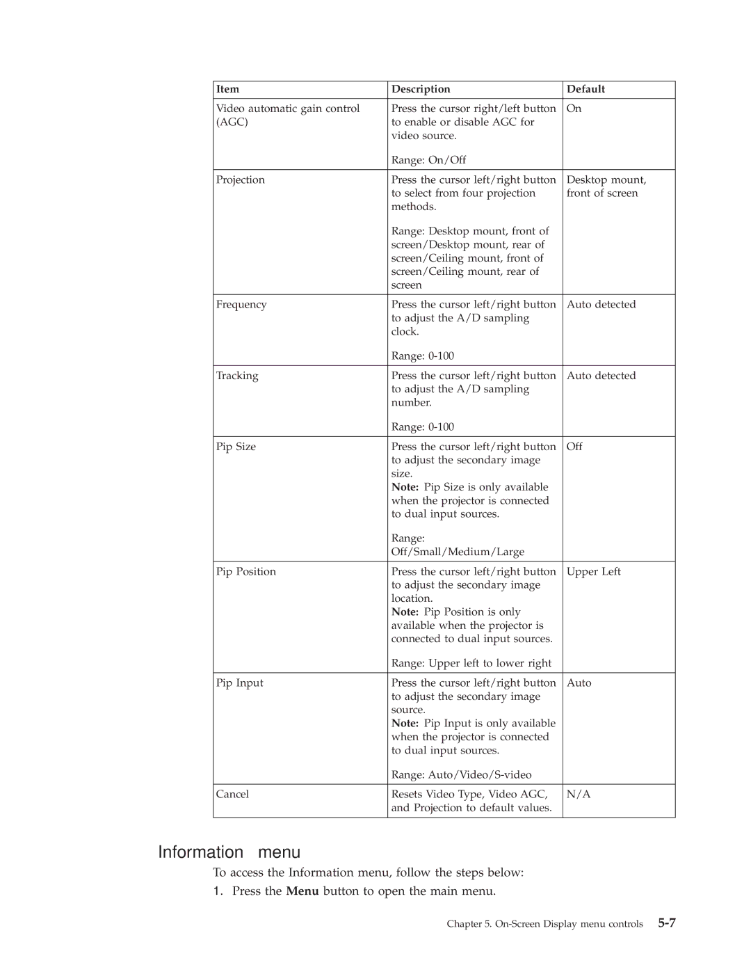 IBM PROJECTOR C400 manual Information menu, Agc 