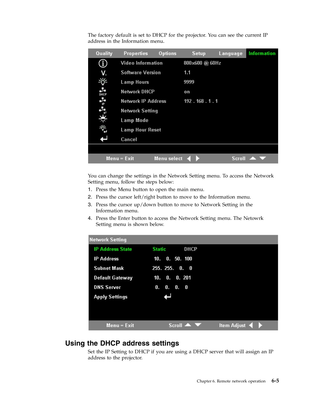 IBM PROJECTOR C400 manual Using the Dhcp address settings 