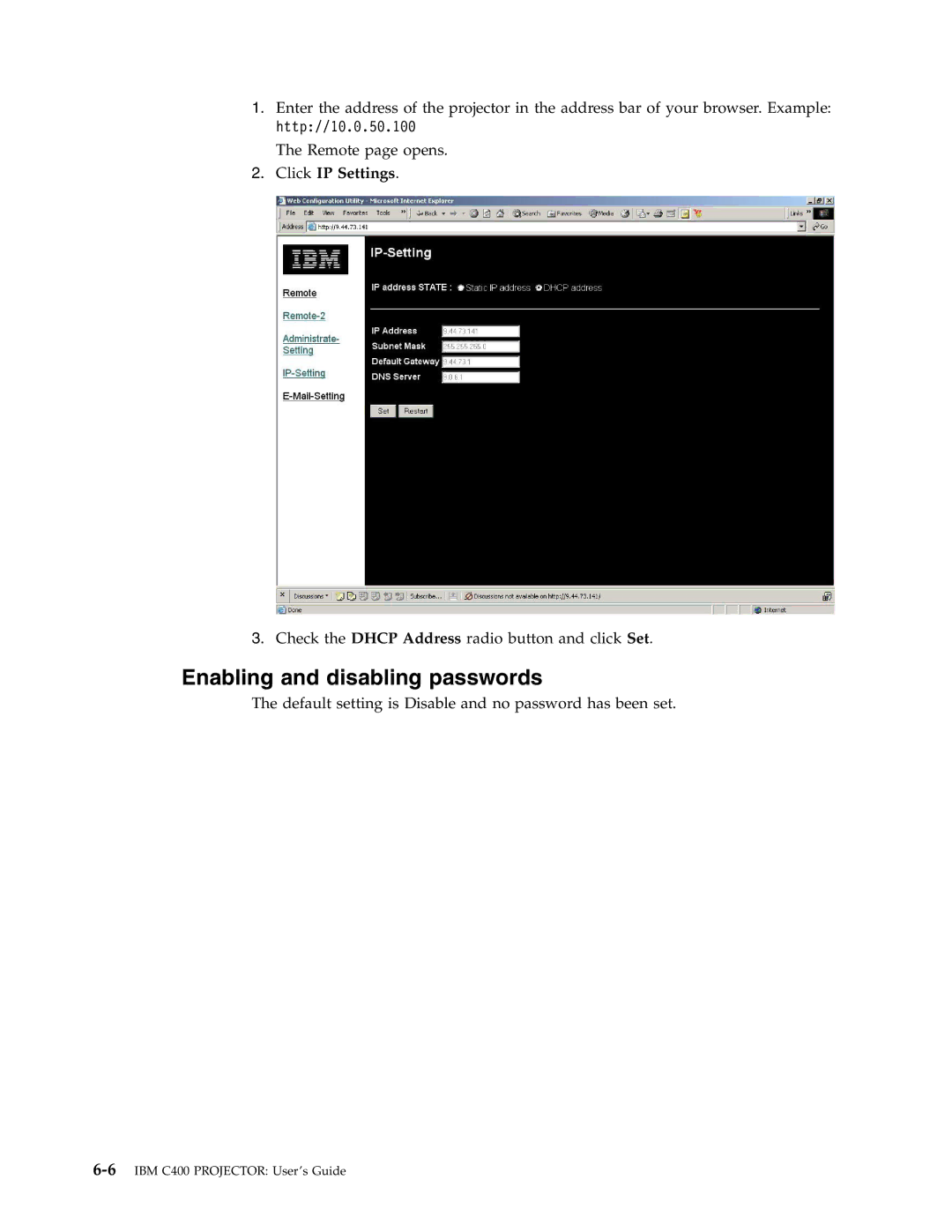 IBM PROJECTOR C400 manual Enabling and disabling passwords, Click IP Settings 