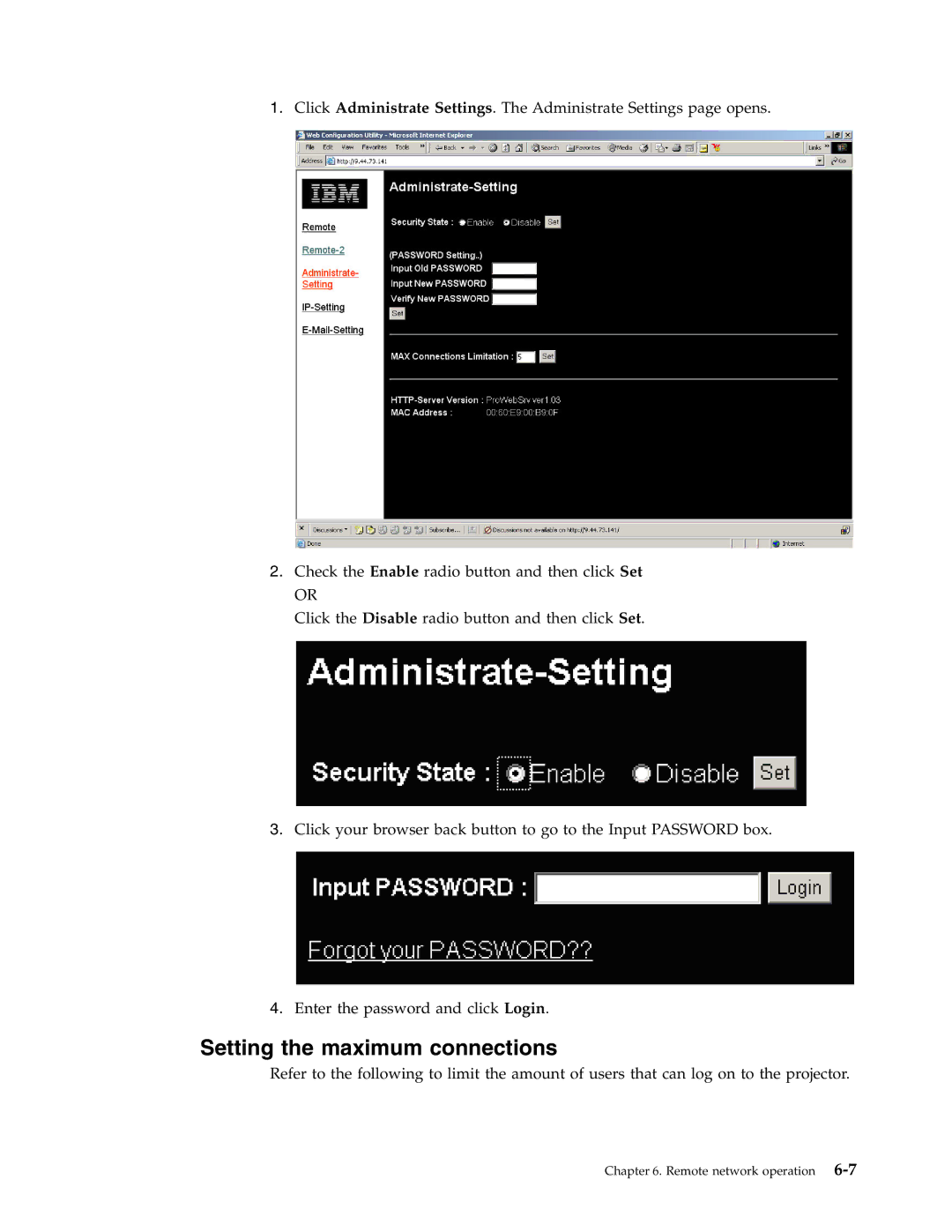 IBM PROJECTOR C400 manual Setting the maximum connections 