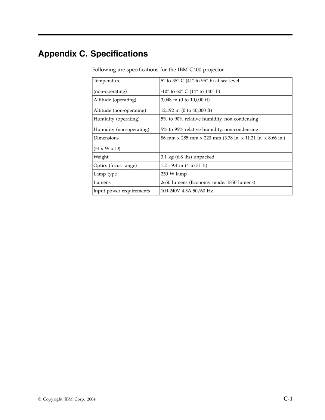 IBM PROJECTOR C400 manual Appendix C. Specifications, Following are specifications for the IBM C400 projector 