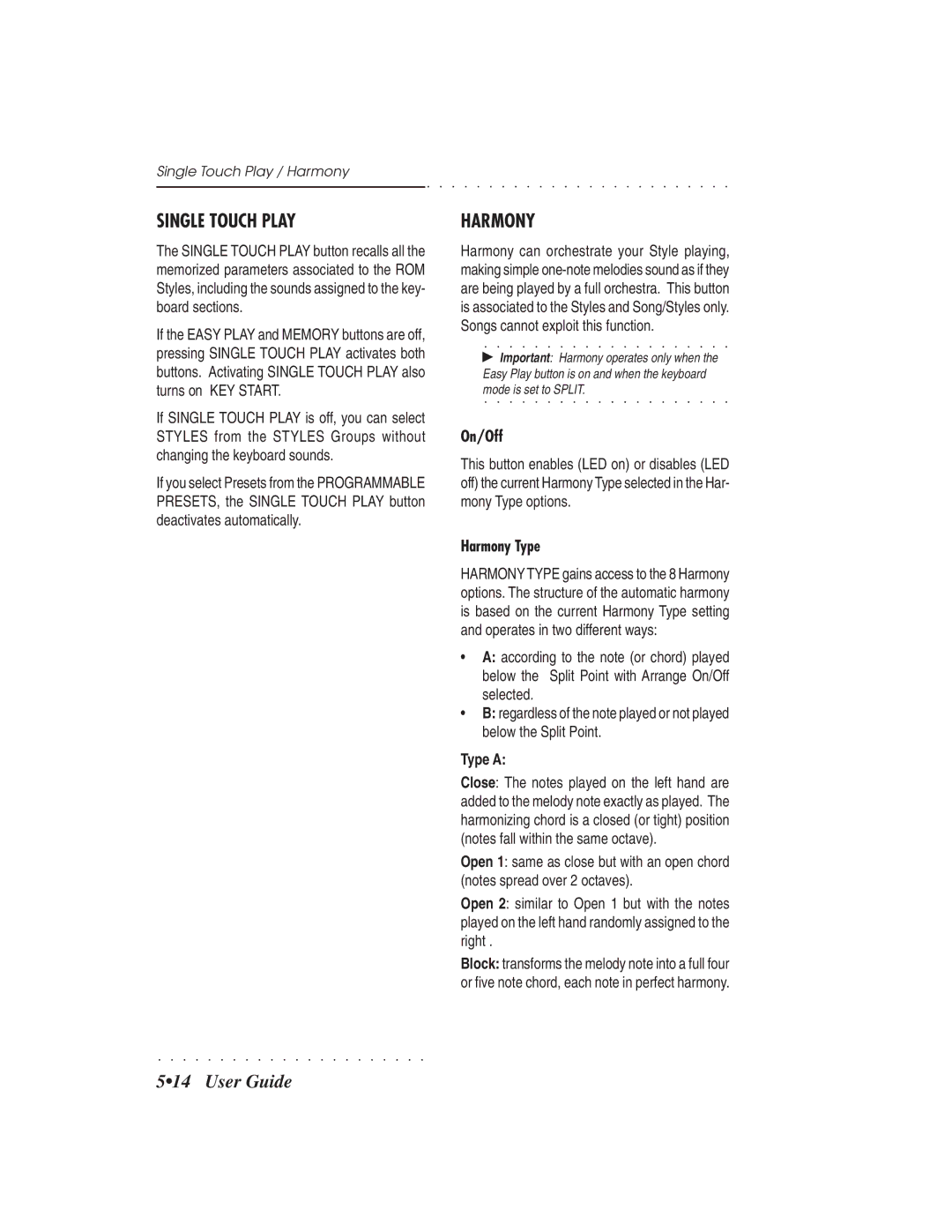 IBM PS1500 owner manual On/Off, Harmony Type, Single Touch Play / Harmony 