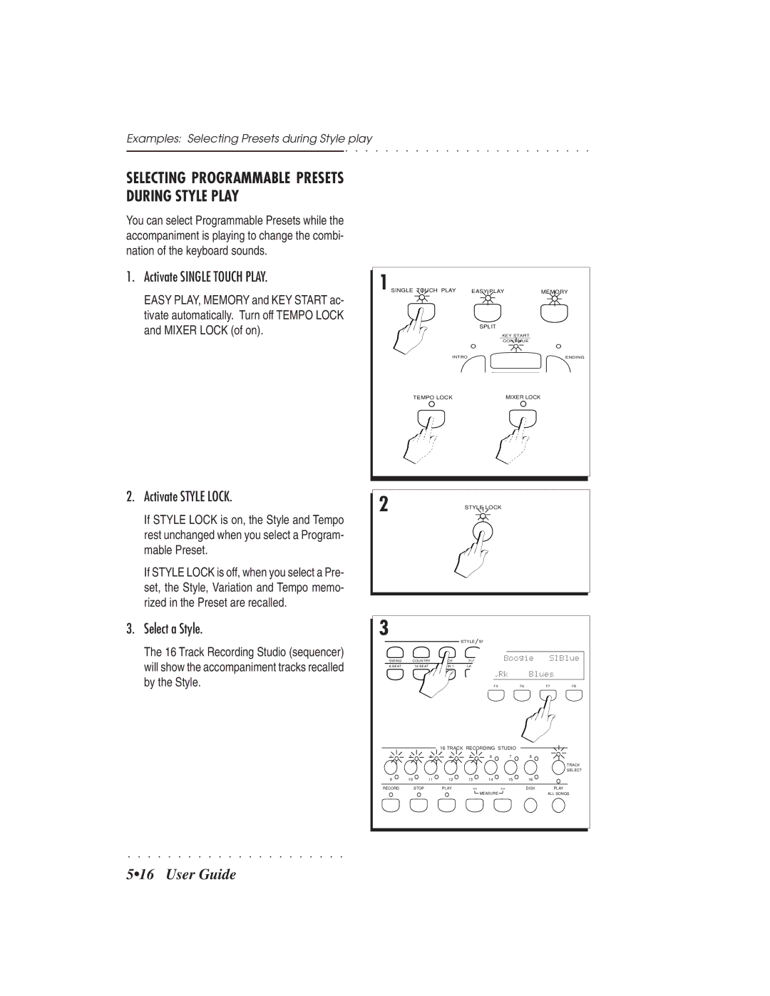 IBM PS1500 owner manual Selecting Programmable Presets During Style Play, Activate Single Touch Play, Activate Style Lock 