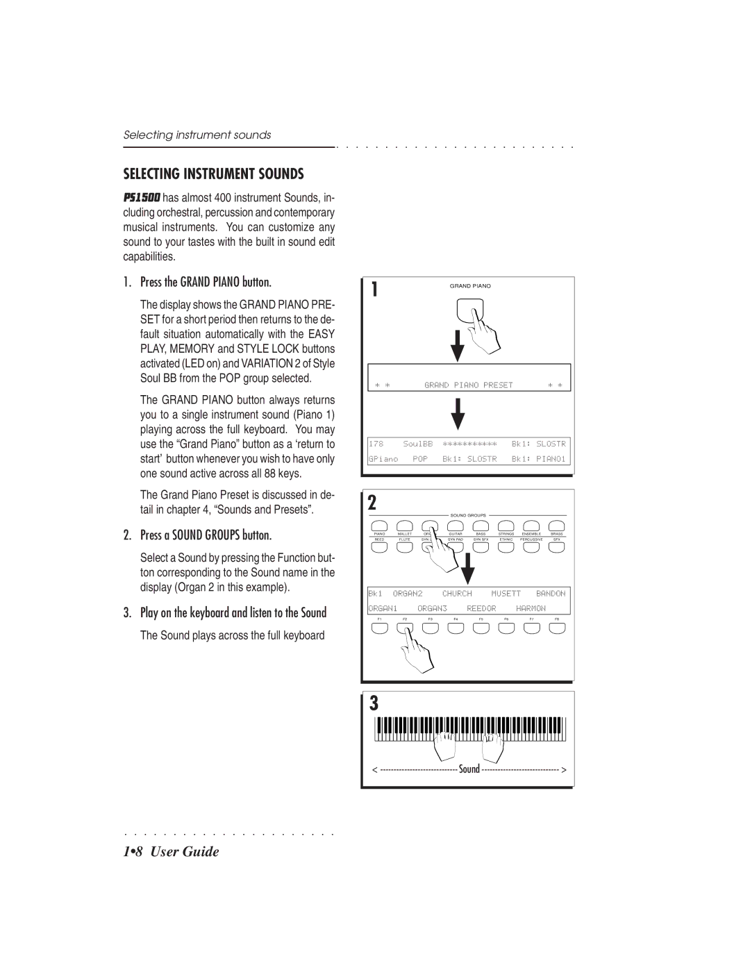 IBM PS1500 owner manual Selecting Instrument Sounds, Press the Grand Piano button, Press a Sound Groups button 