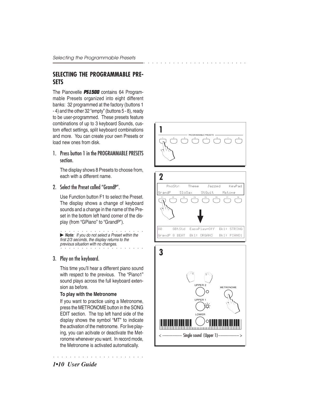 IBM PS1500 owner manual Selecting the Programmable PRE- Sets, Select the Preset called GrandP, Play on the keyboard 