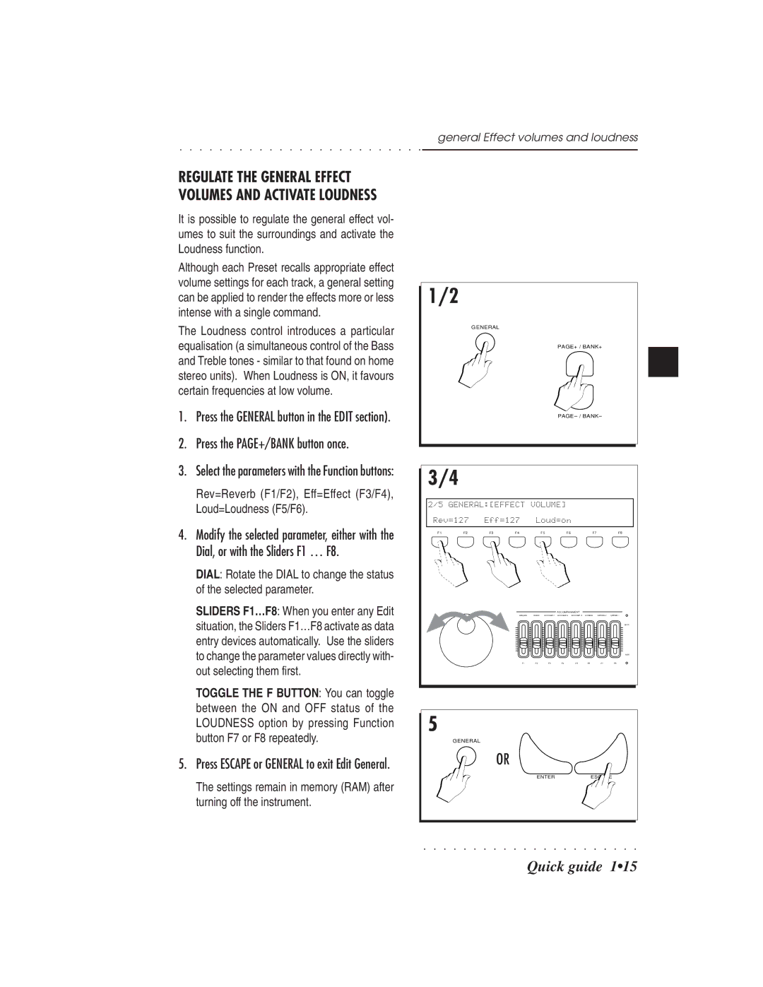 IBM PS1500 owner manual Rev=Reverb F1/F2, Eff=Effect F3/F4, Loud=Loudness F5/F6, General Effect volumes and loudness 