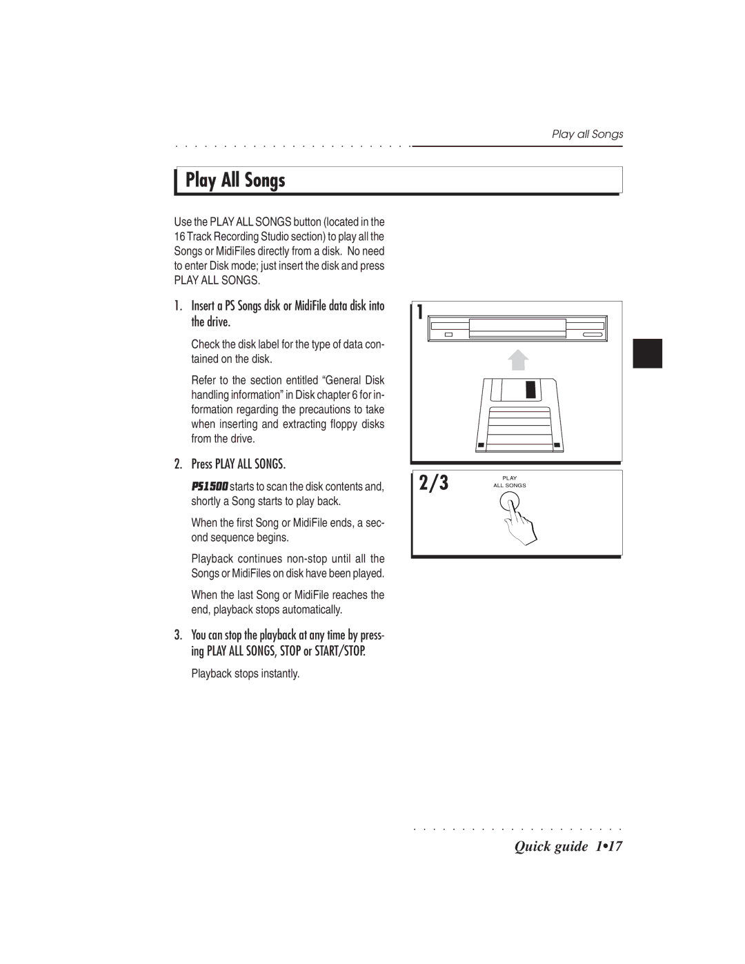 IBM PS1500 owner manual Play All Songs, Insert a PS Songs disk or MidiFile data disk into the drive, Press Play ALL Songs 