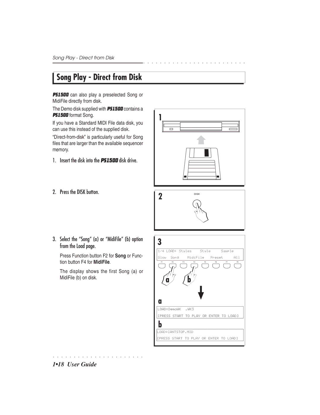 IBM PS1500 Song Play Direct from Disk, Press the Disk button, Select the Song a or MidiFile b option from the Load 