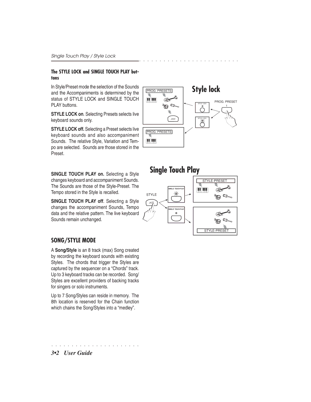 IBM PS1500 owner manual Style lock, SONG/STYLE Mode, Style Lock and Single Touch Play but- tons 