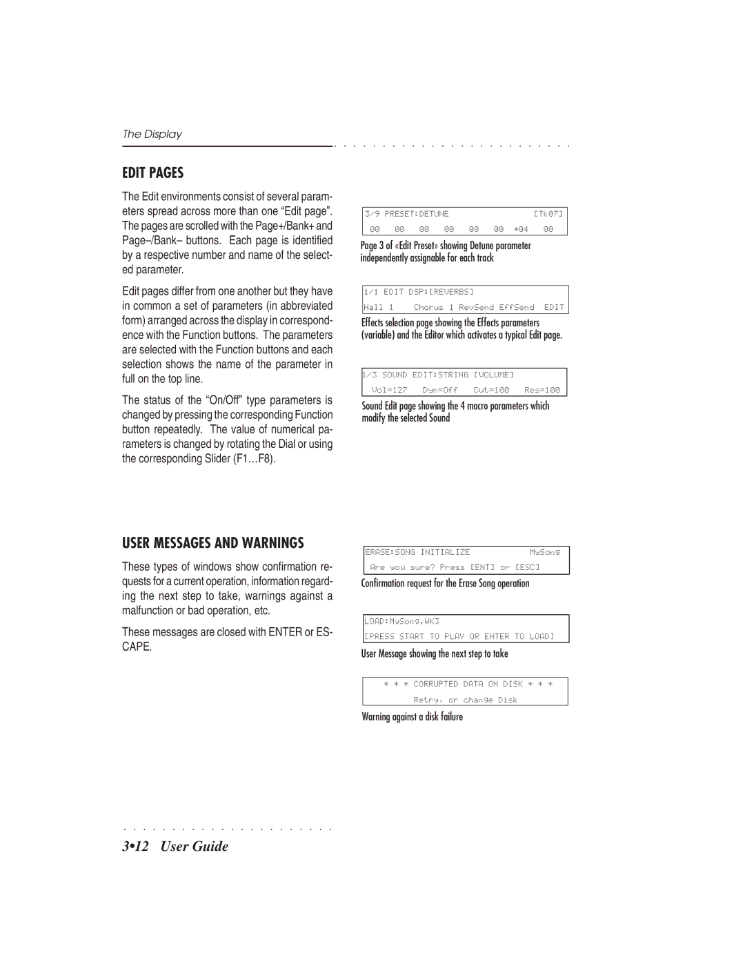 IBM PS1500 owner manual Edit Pages, User Messages and Warnings, These messages are closed with Enter or ES- Cape 