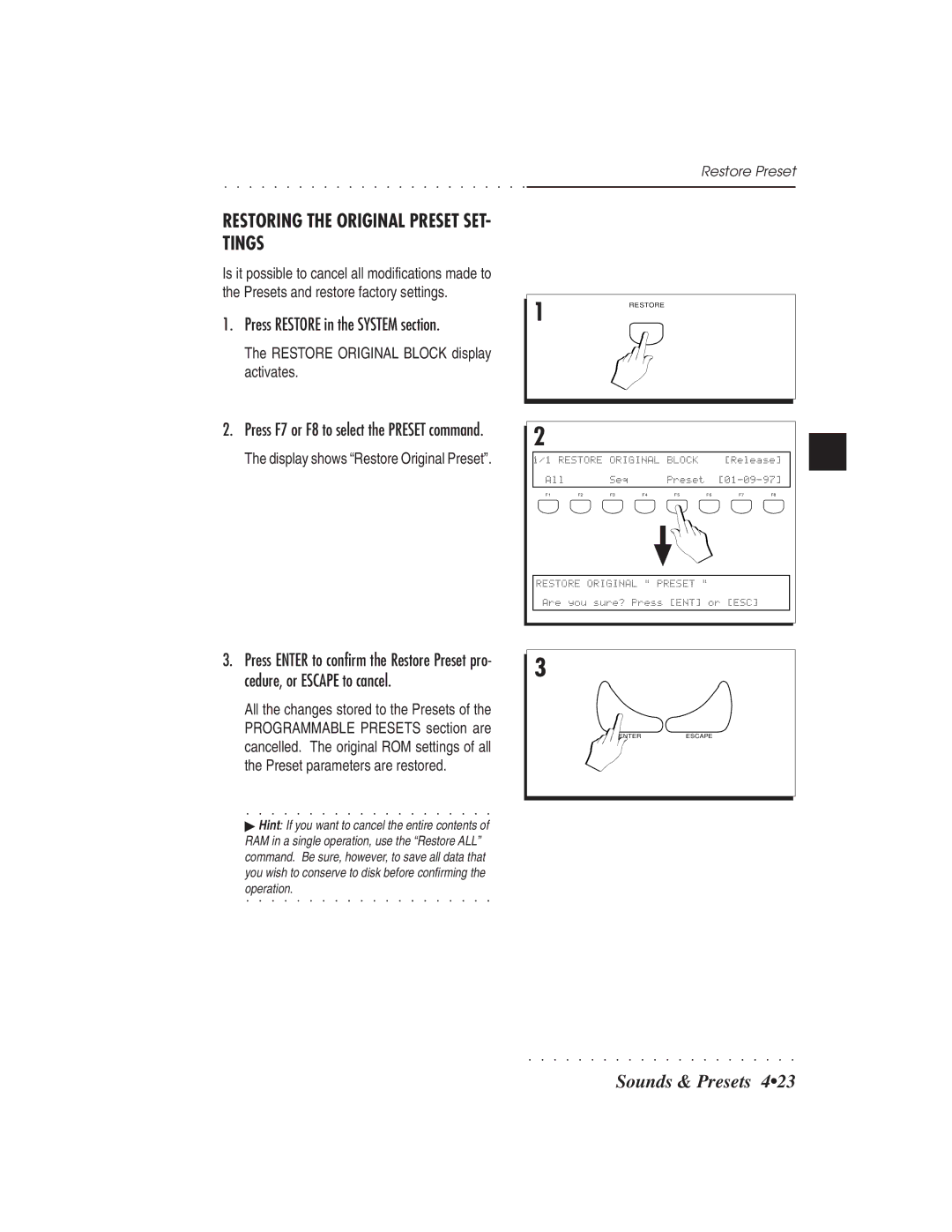 IBM PS1500 owner manual Restoring the Original Preset SET- Tings, Restore Preset 