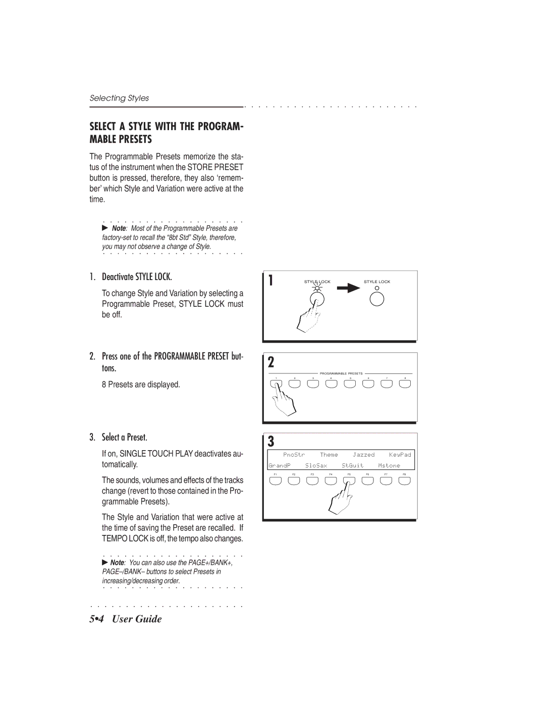 IBM PS1500 owner manual Select a Style with the PROGRAM- Mable Presets, Deactivate Style Lock, Select a Preset 