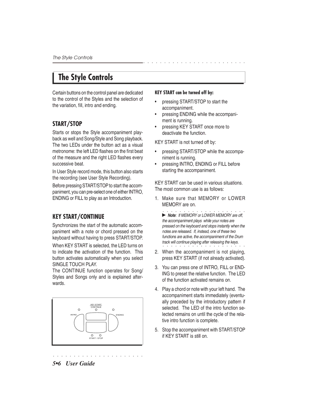 IBM PS1500 owner manual Style Controls, Start/Stop, Key Start/Continue, KEY Start can be turned off by 