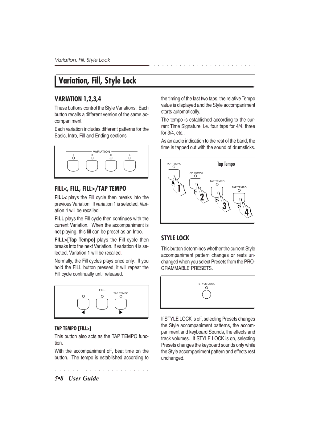 IBM PS1500 owner manual Variation, Fill, Style Lock, Variation 1,2,3,4, FILL, FILL, FILL/TAP Tempo 