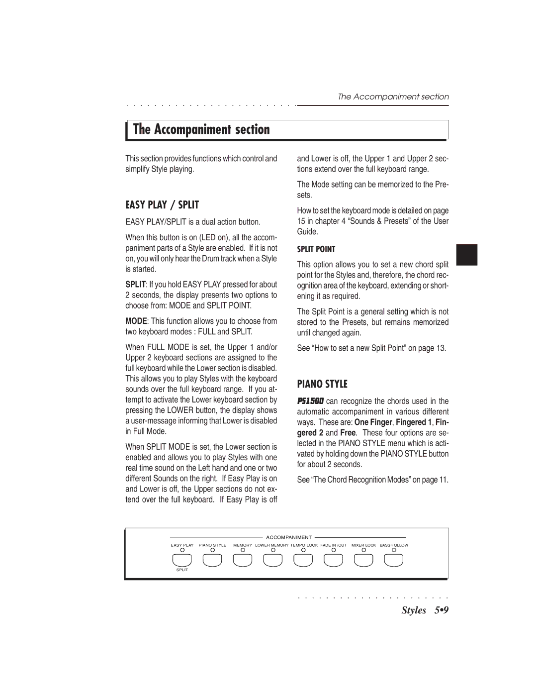 IBM PS1500 owner manual Accompaniment section, Easy Play / Split, Piano Style, Two keyboard modes Full and Split 