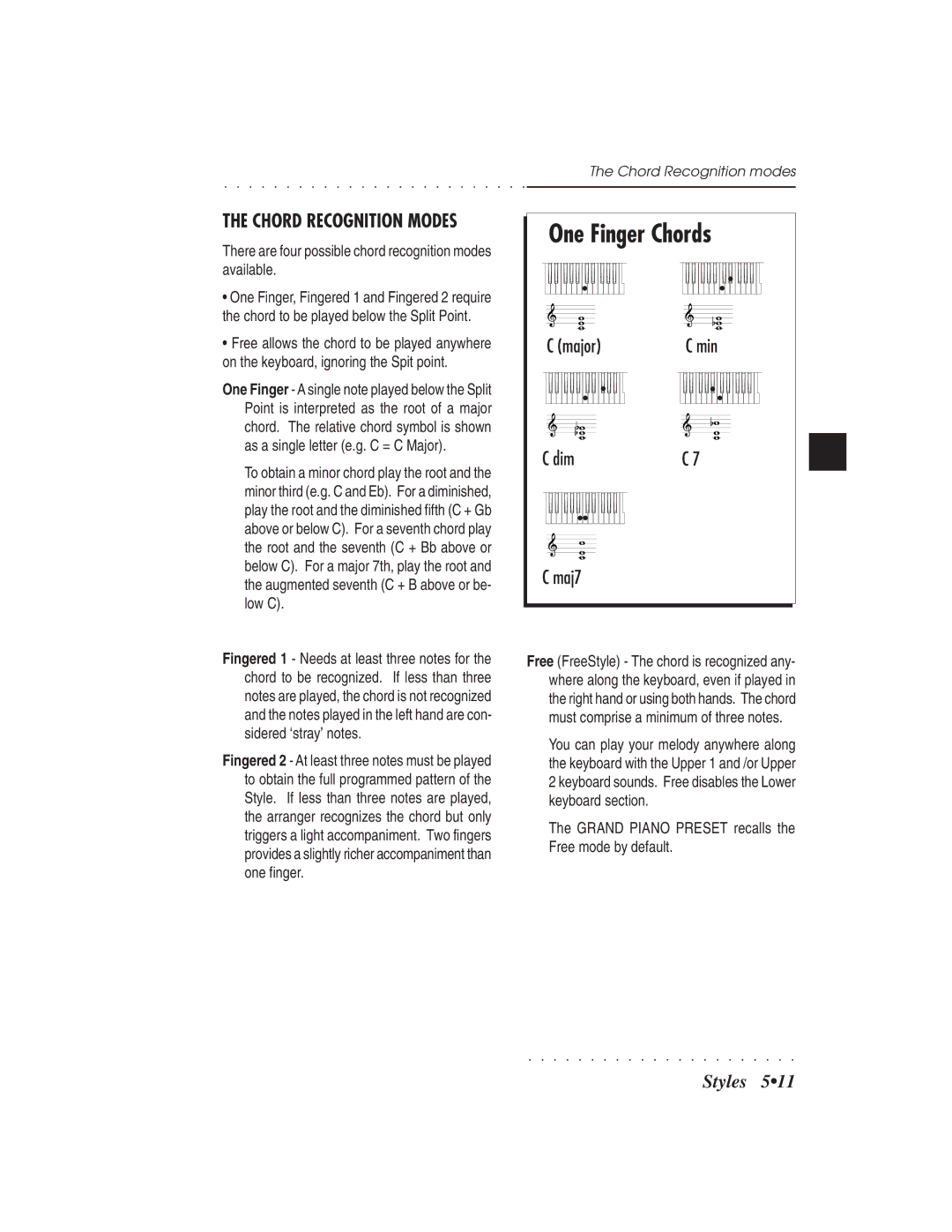 IBM PS1500 One Finger Chords, There are four possible chord recognition modes available, Chord Recognition modes 