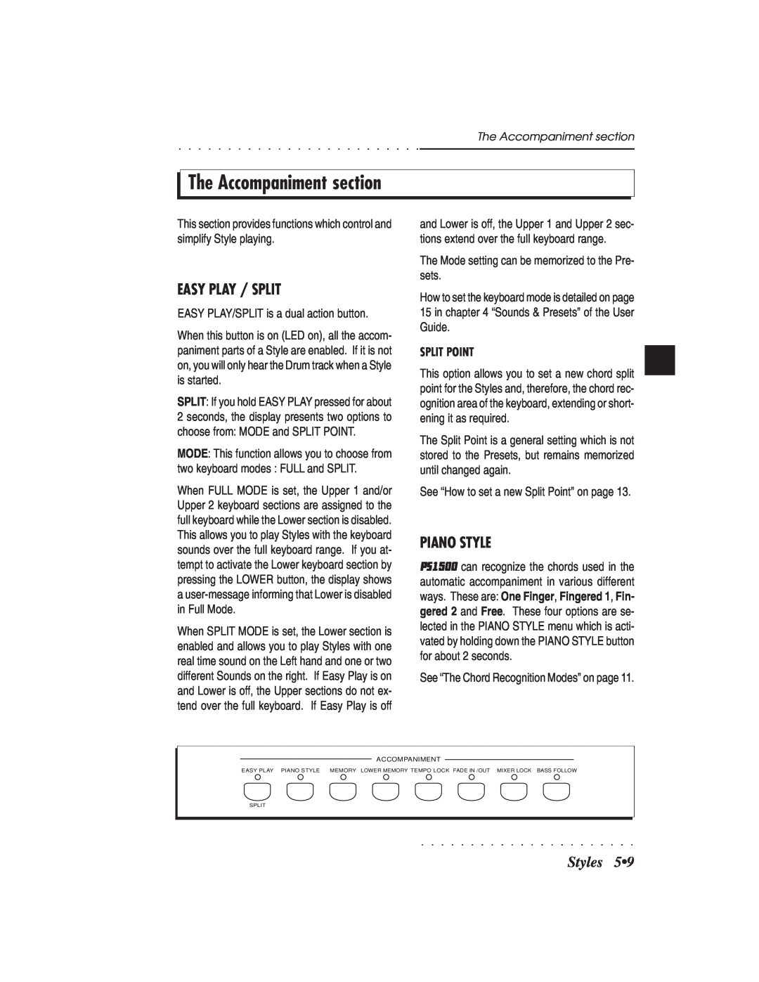 IBM PS1500 owner manual The Accompaniment section, Easy Play / Split, Piano Style, Styles, Split Point 
