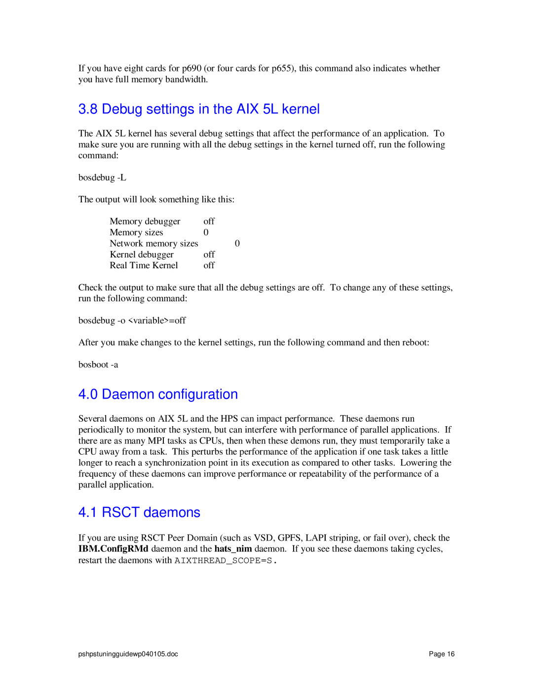 IBM pSeries manual Debug settings in the AIX 5L kernel, Daemon configuration, Rsct daemons 