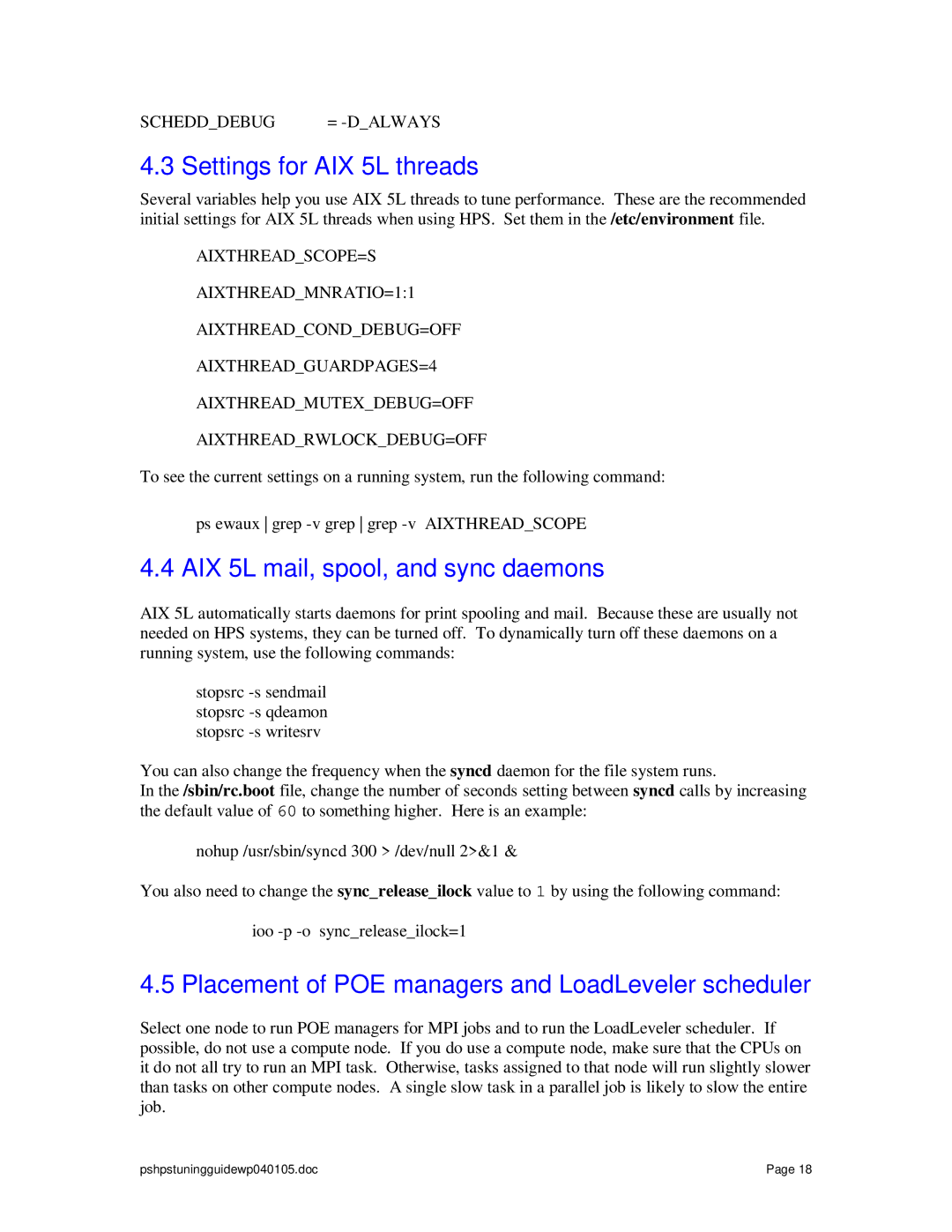 IBM pSeries manual Settings for AIX 5L threads, AIX 5L mail, spool, and sync daemons 