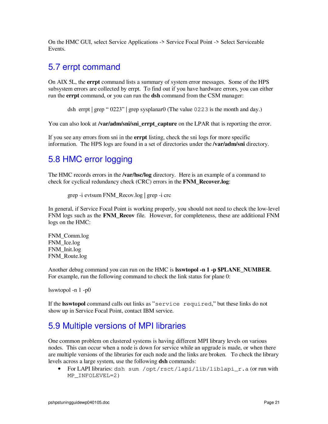 IBM pSeries manual Errpt command, HMC error logging, Multiple versions of MPI libraries 