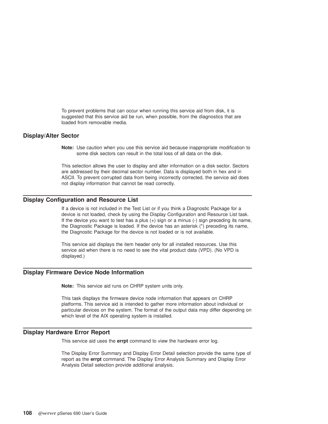 IBM pSeries690 Display/Alter Sector, Display Configuration and Resource List, Display Firmware Device Node Information 