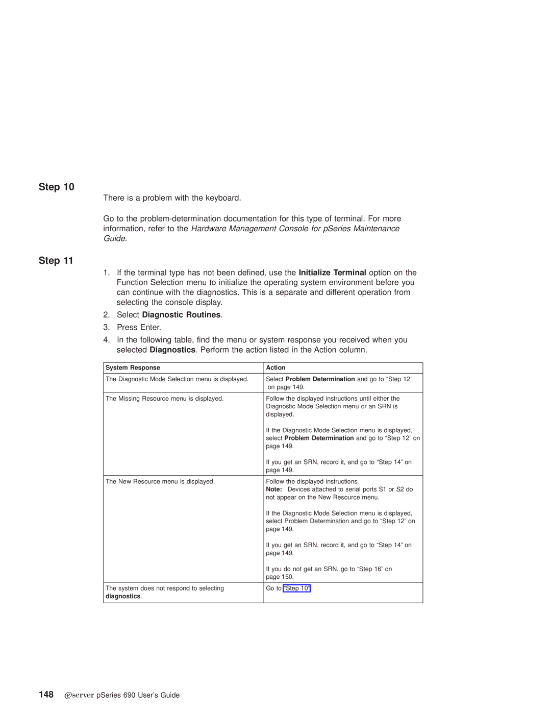 IBM pSeries690 manual Select Diagnostic Routines, System Response Action 