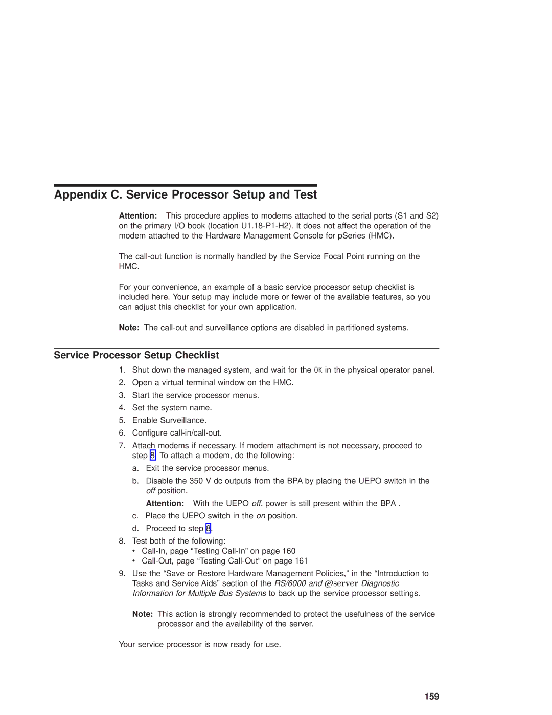 IBM pSeries690 manual Appendix C. Service Processor Setup and Test, Service Processor Setup Checklist 