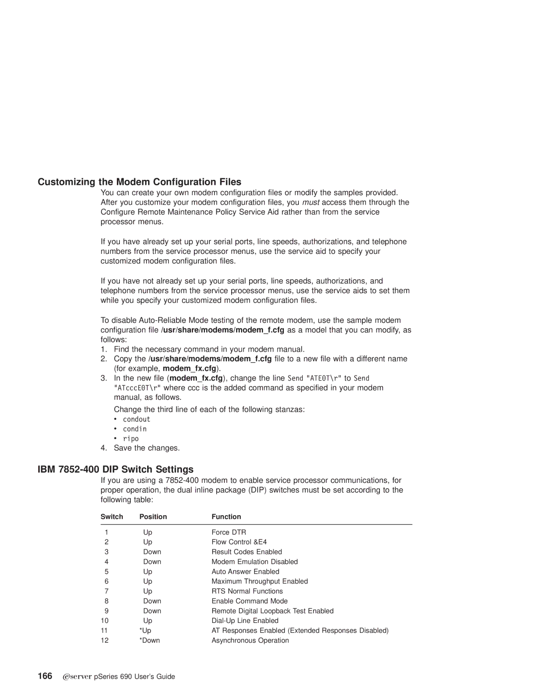 IBM pSeries690 manual Customizing the Modem Configuration Files, IBM 7852-400 DIP Switch Settings 