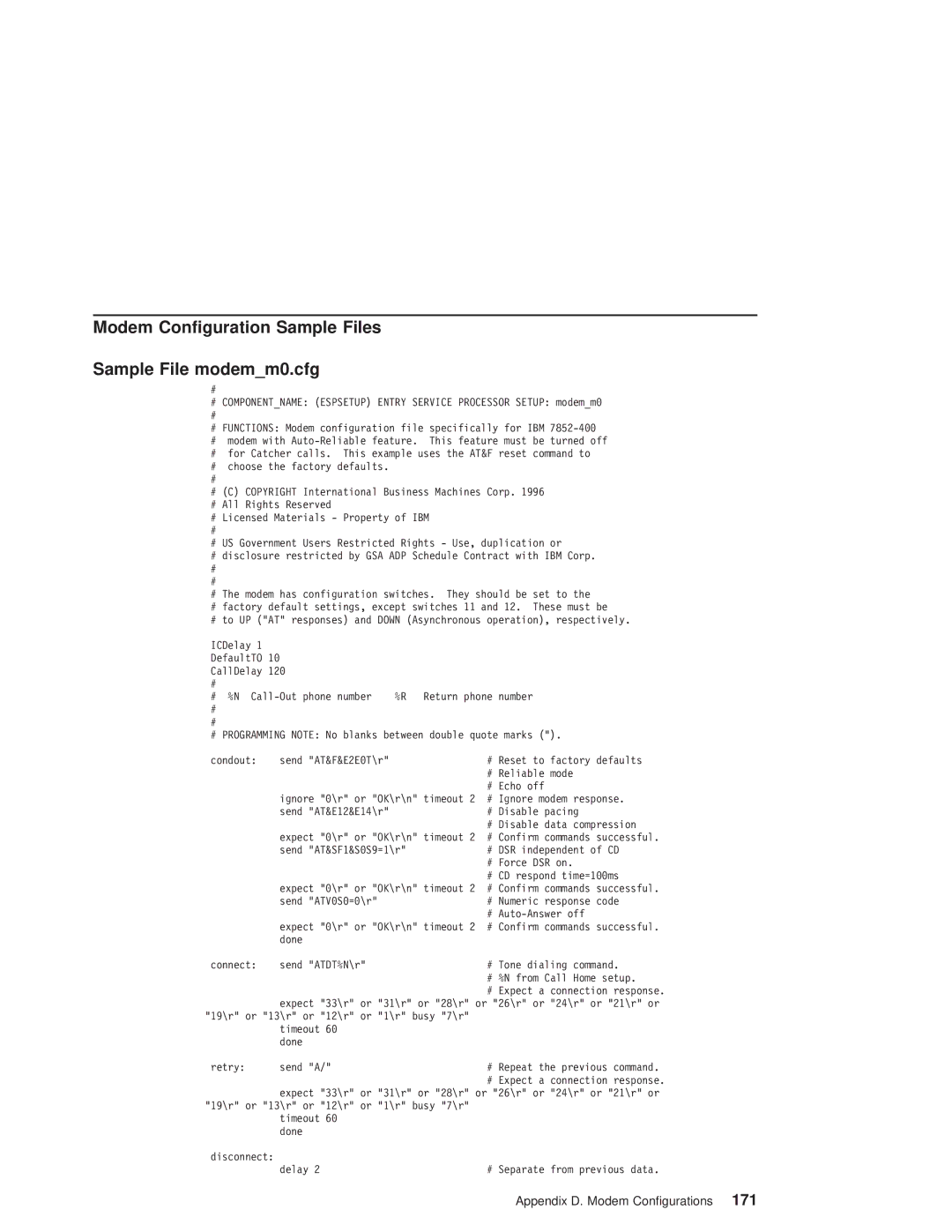 IBM pSeries690 manual Modem Configuration Sample Files Sample File modemm0.cfg 