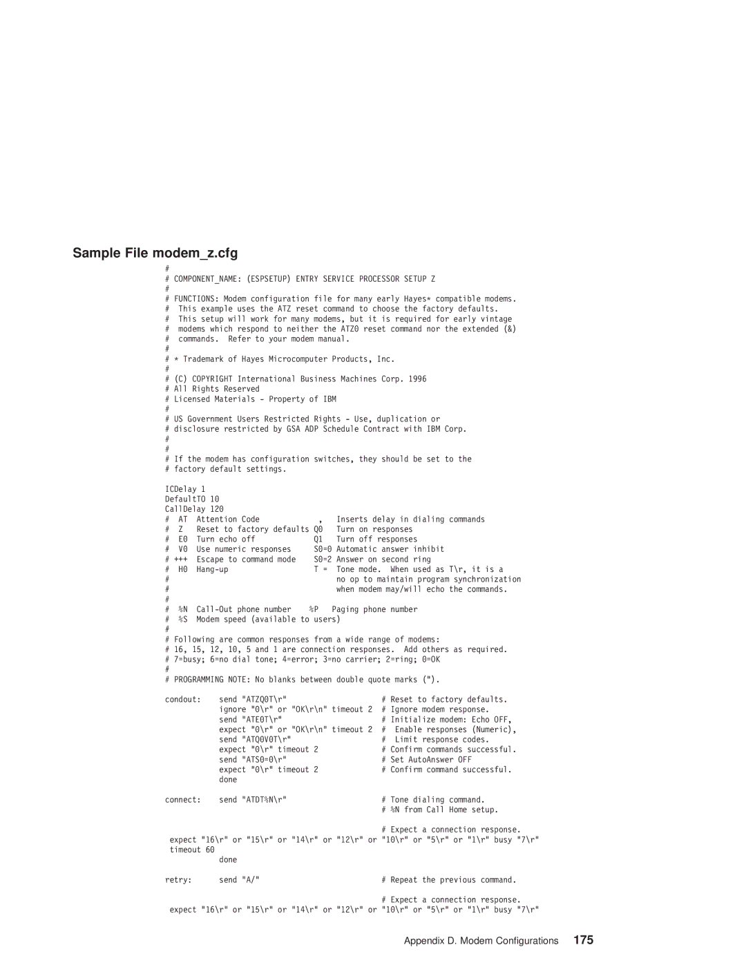 IBM pSeries690 manual Sample File modemz.cfg, # Componentname Espsetup Entry Service Processor Setup Z 