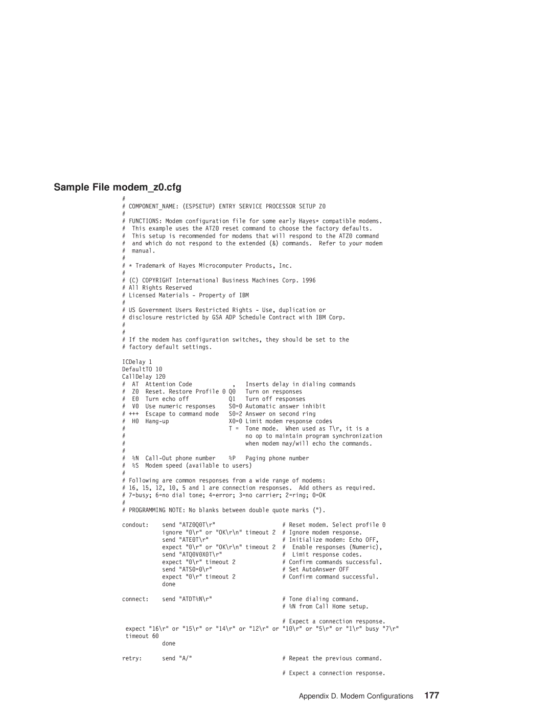 IBM pSeries690 manual Sample File modemz0.cfg, # Componentname Espsetup Entry Service Processor Setup Z0 