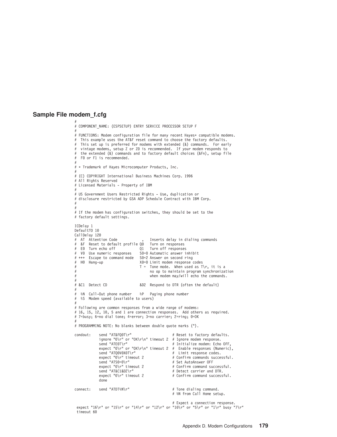 IBM pSeries690 manual Sample File modemf.cfg, # Componentname Espsetup Entry Service Processor Setup F 